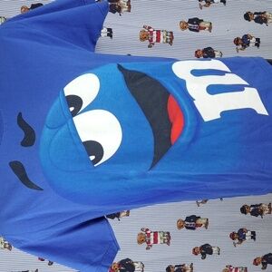 Y2K Blue Almond 2M&M candy big smiley face graphic AOP blue & white XL t-shirt